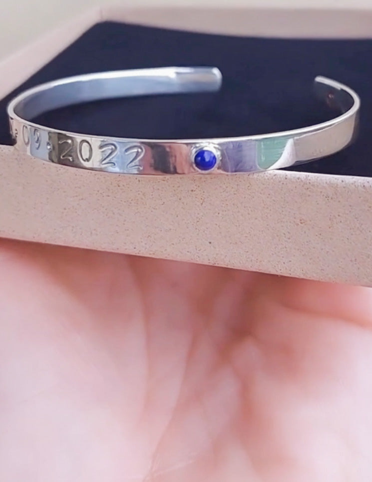 Special date gemstone cuff bangle