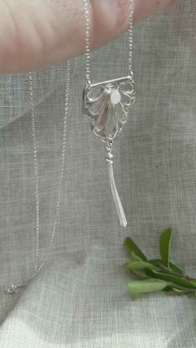 Monstera moonstone tassel necklace