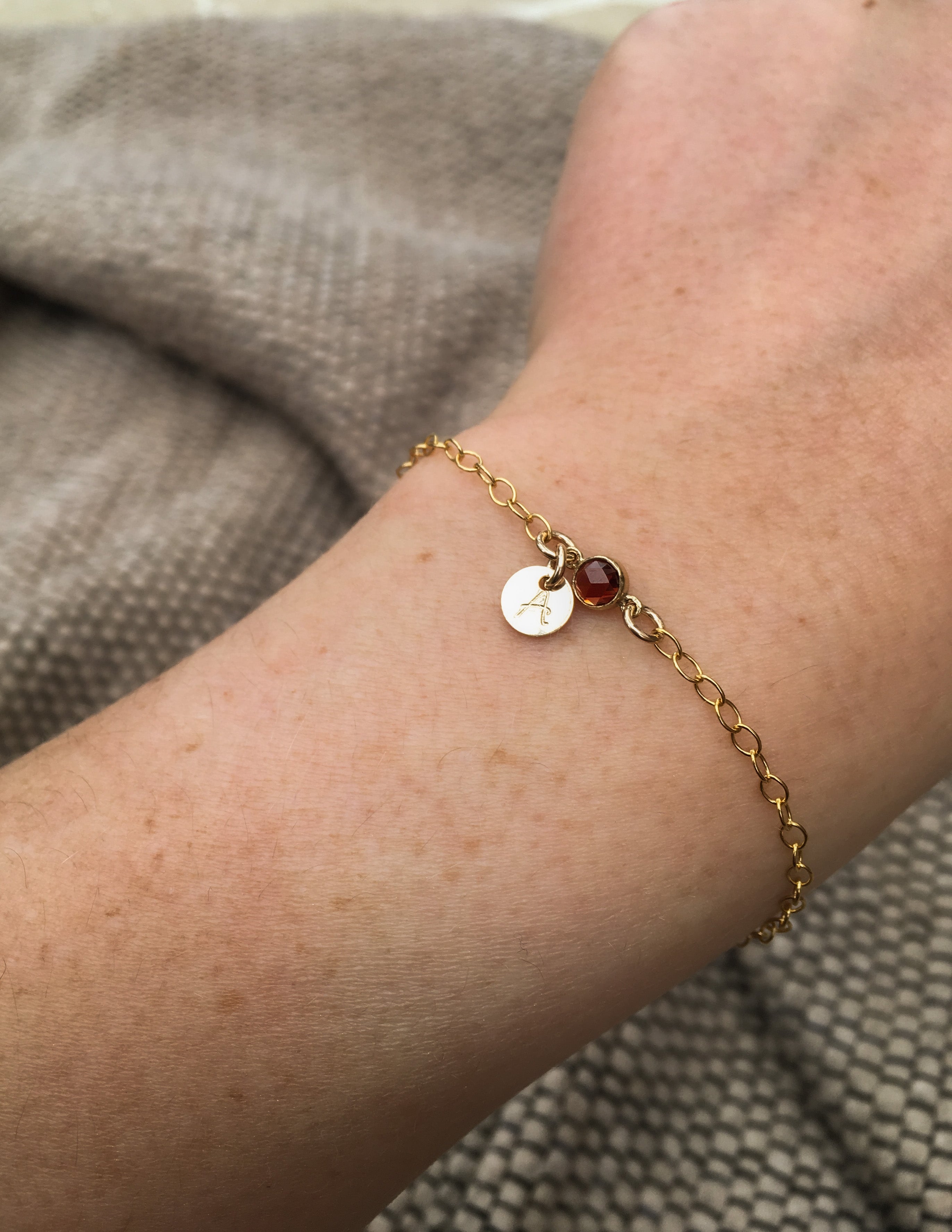 Initial Garnet 14k gold filled bracelet