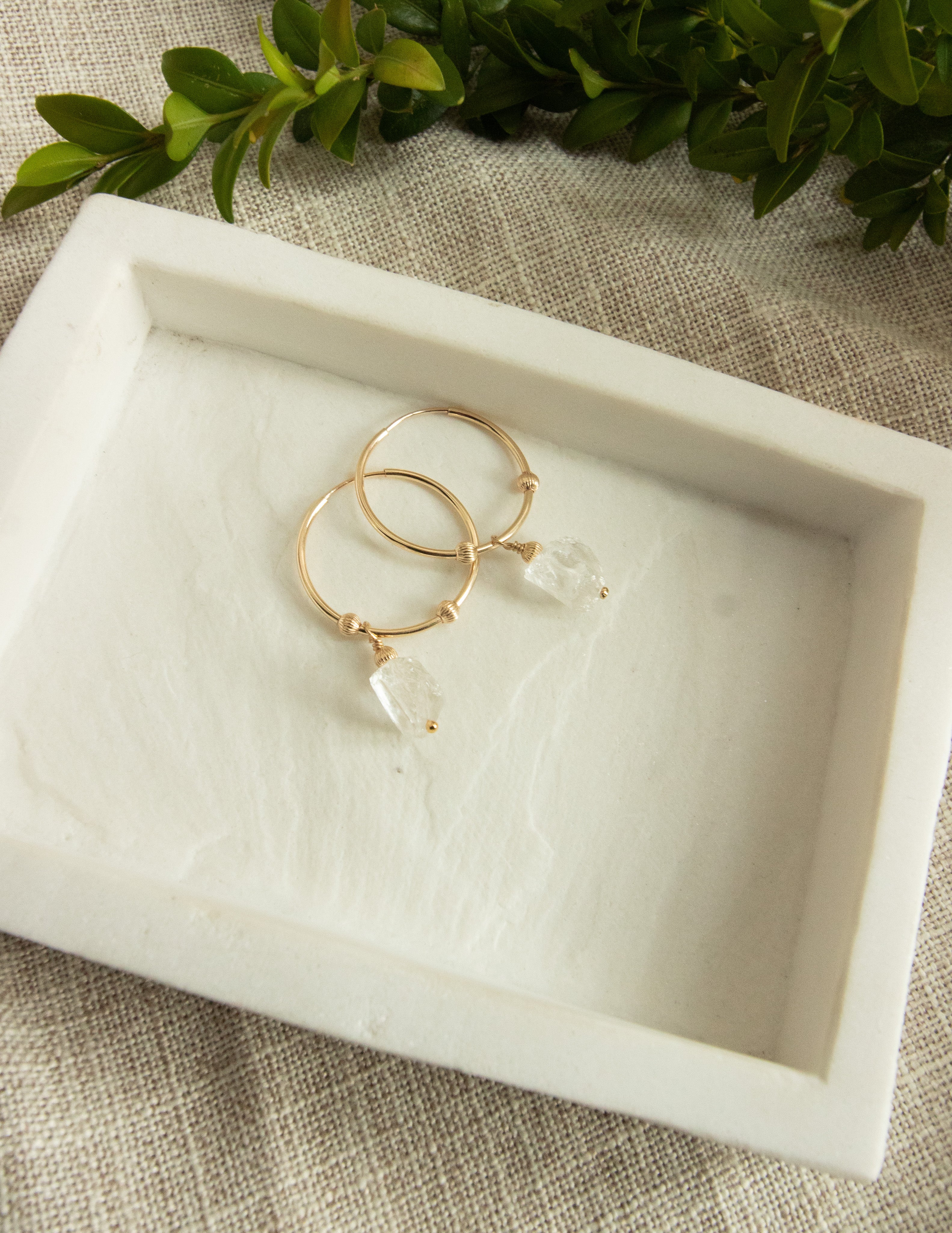 Clear Quartz crystal gold filled hoops