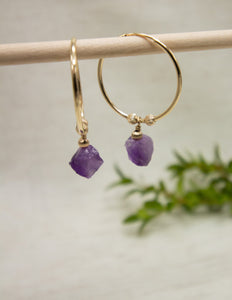 Amethyst crystal 14k Gold filled hoops