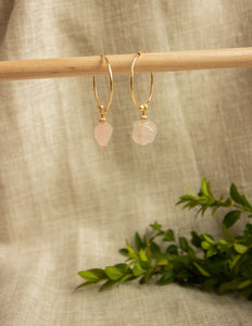 Rose Quartz crystal gold filled hoops