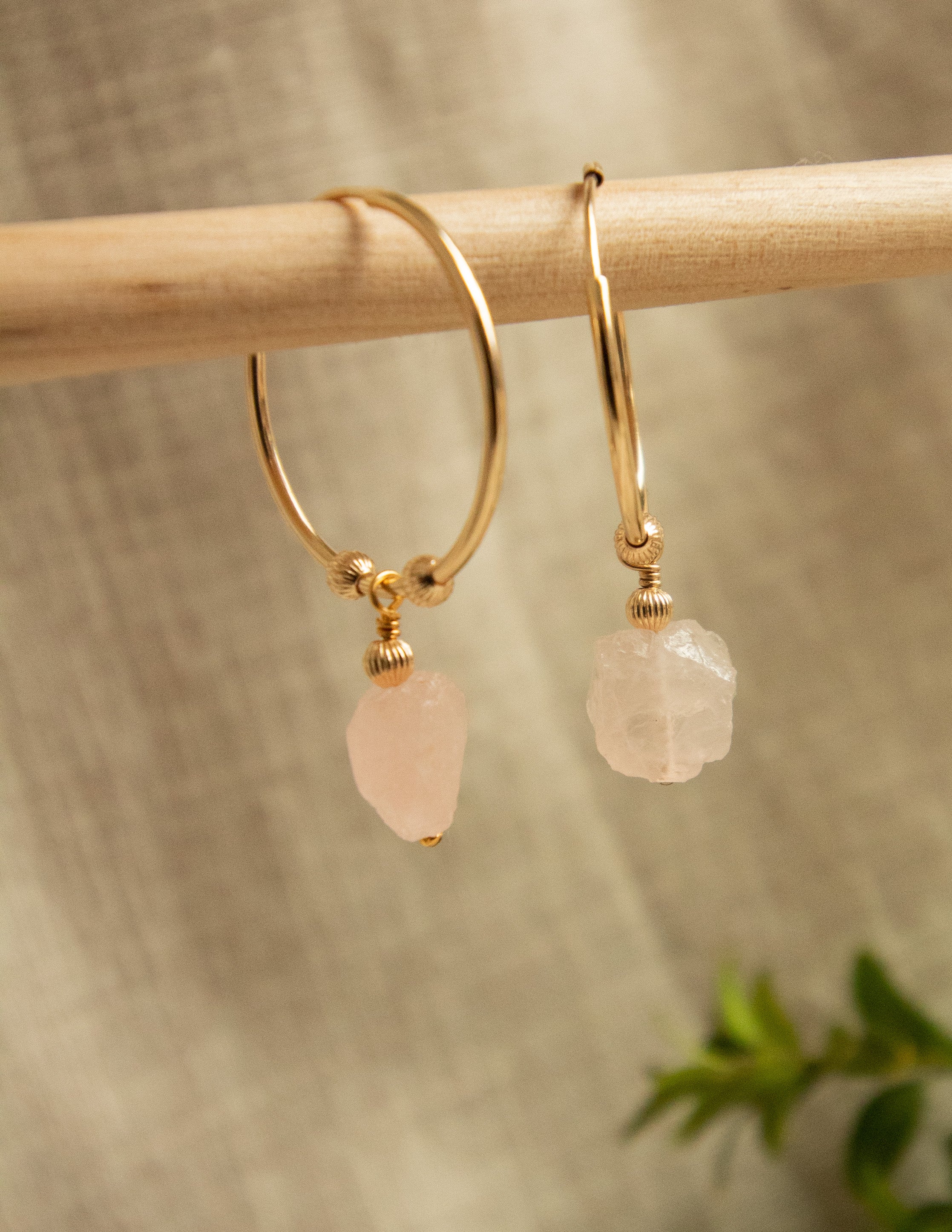 Rose Quartz crystal gold filled hoops