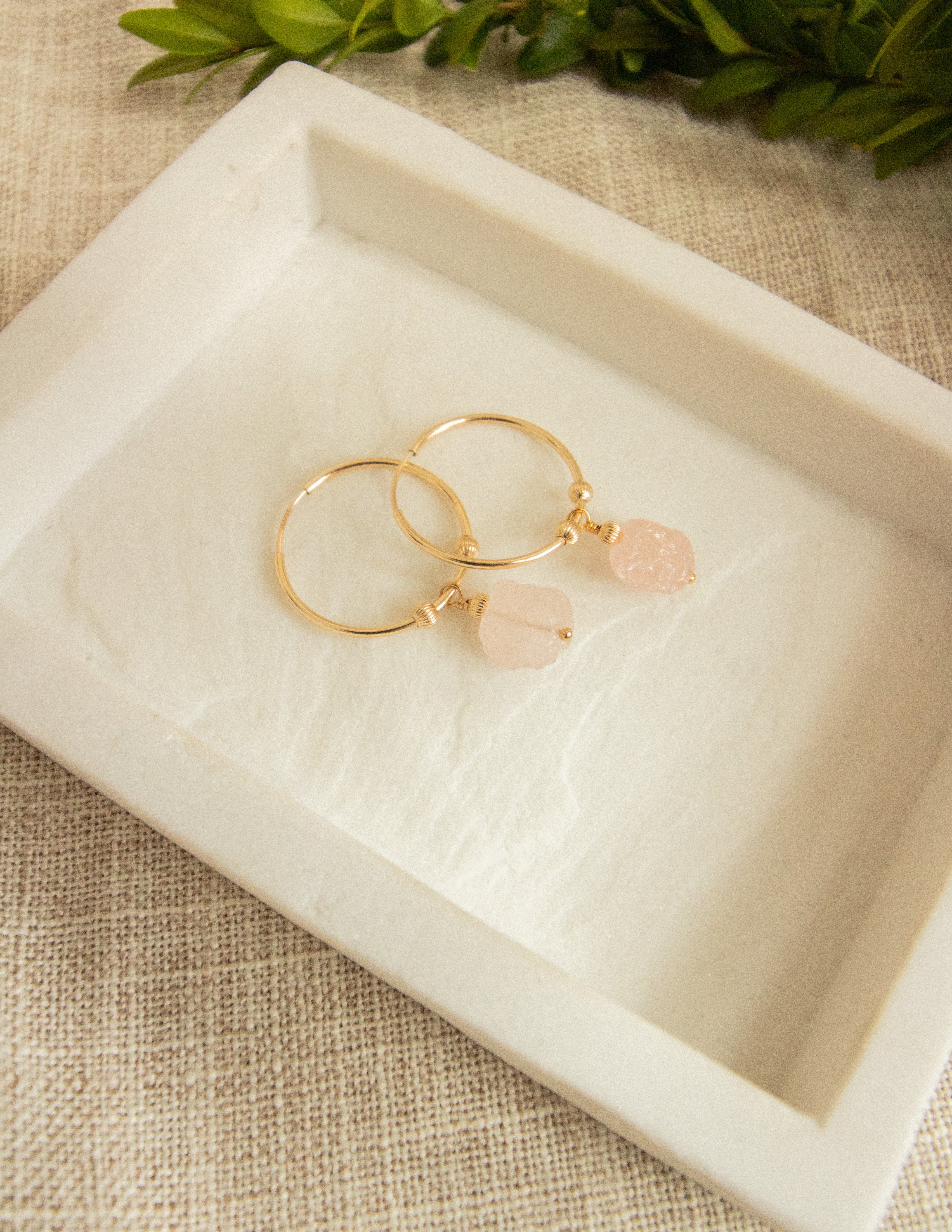 Rose Quartz crystal gold filled hoops