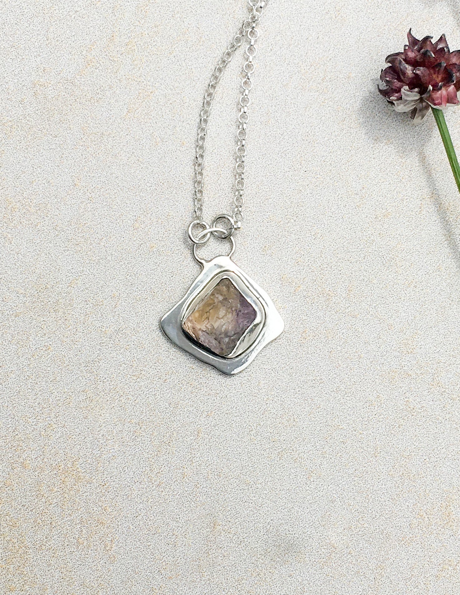 Organic Fluorite crystal unisex necklace