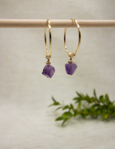 Amethyst crystal 14k Gold filled hoops