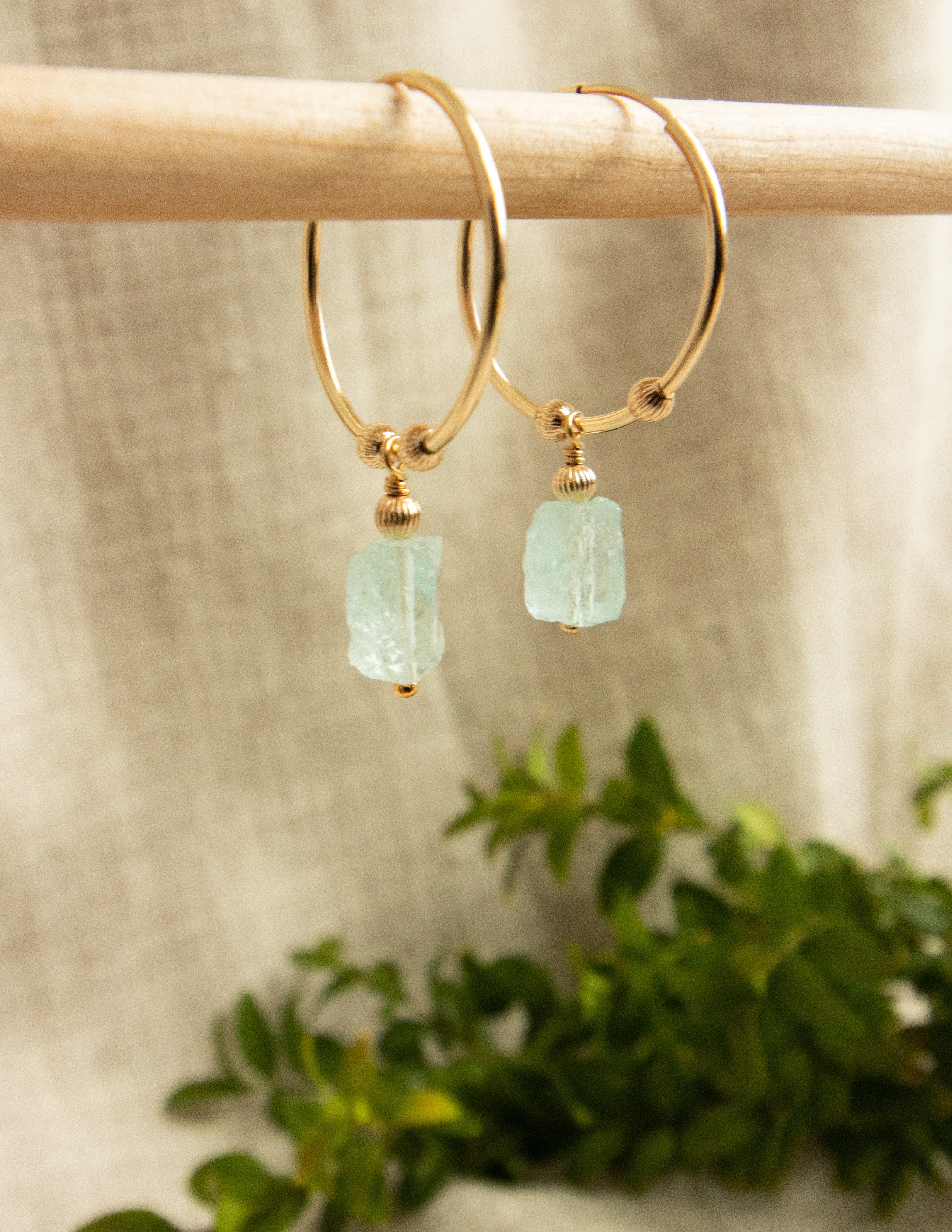 Aquamarine crystal Gold filled hoops