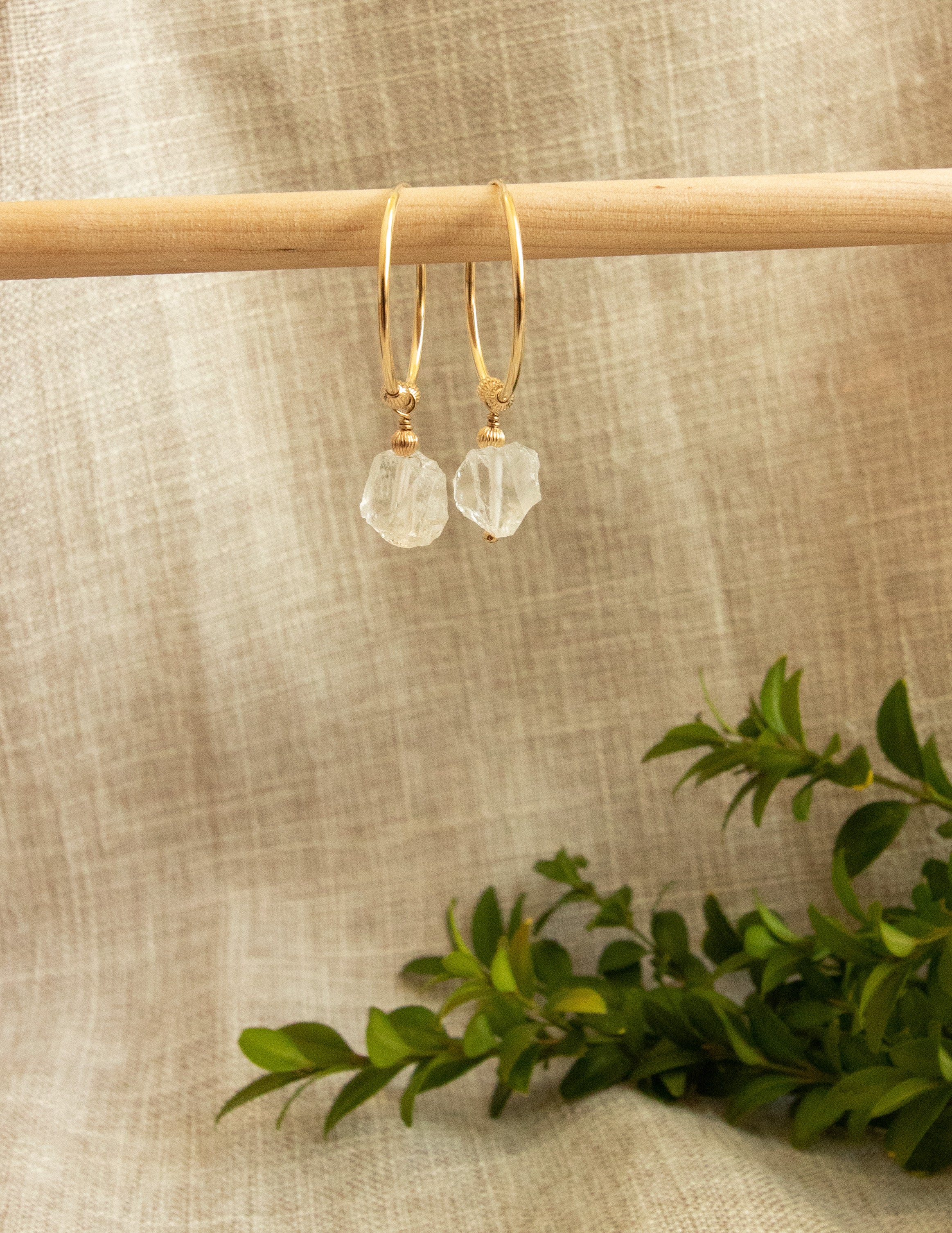 Clear Quartz crystal gold filled hoops