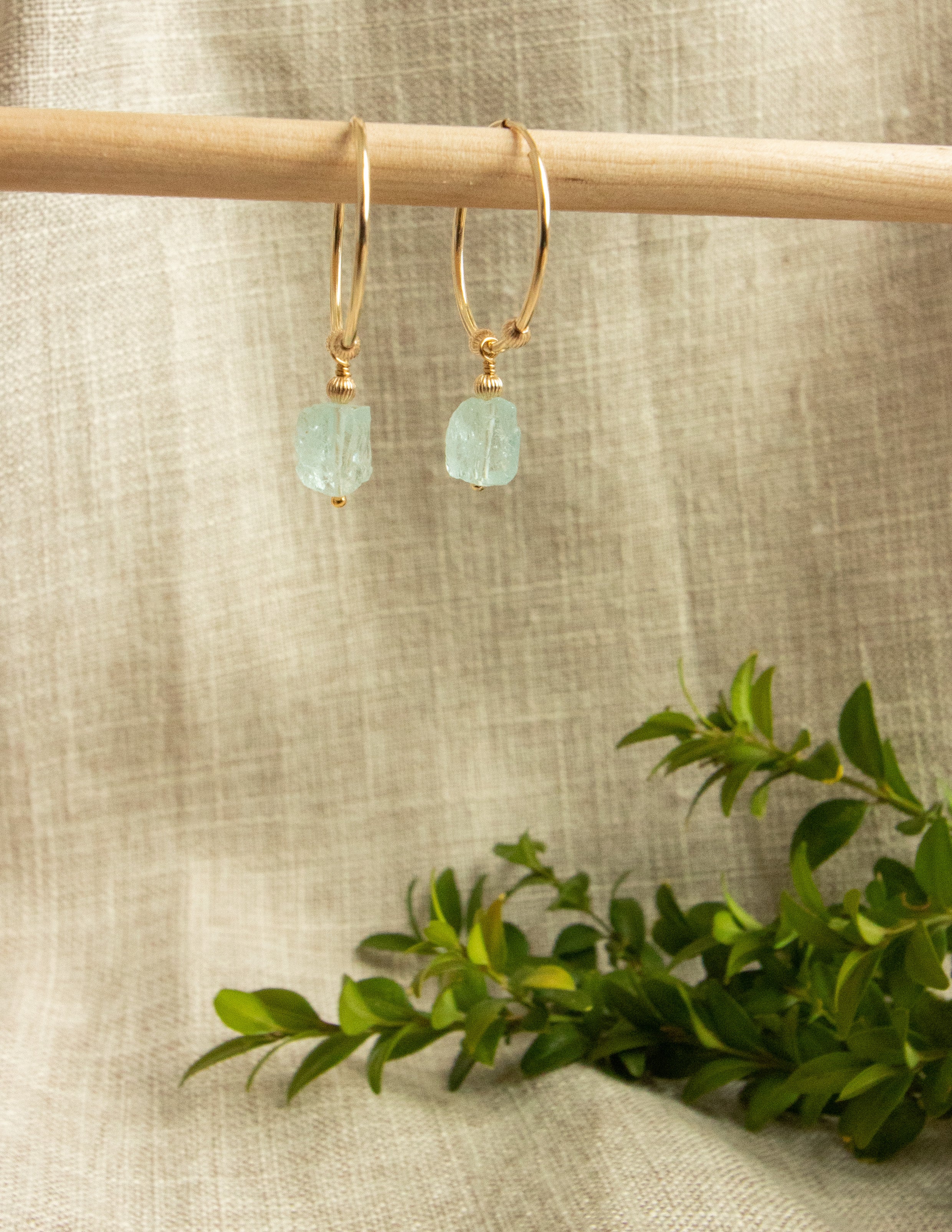 Aquamarine crystal Gold filled hoops